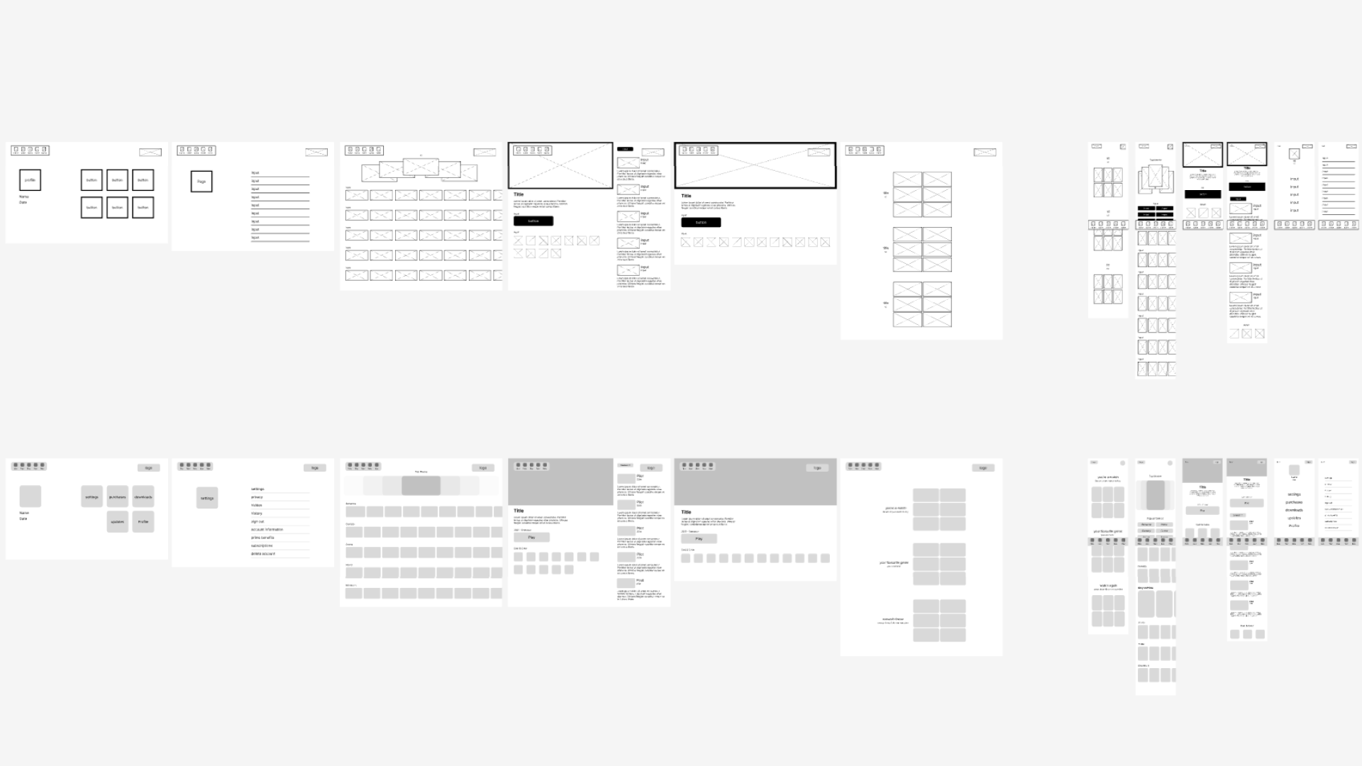 Low and medium fidelity wireframes for phone and tablet